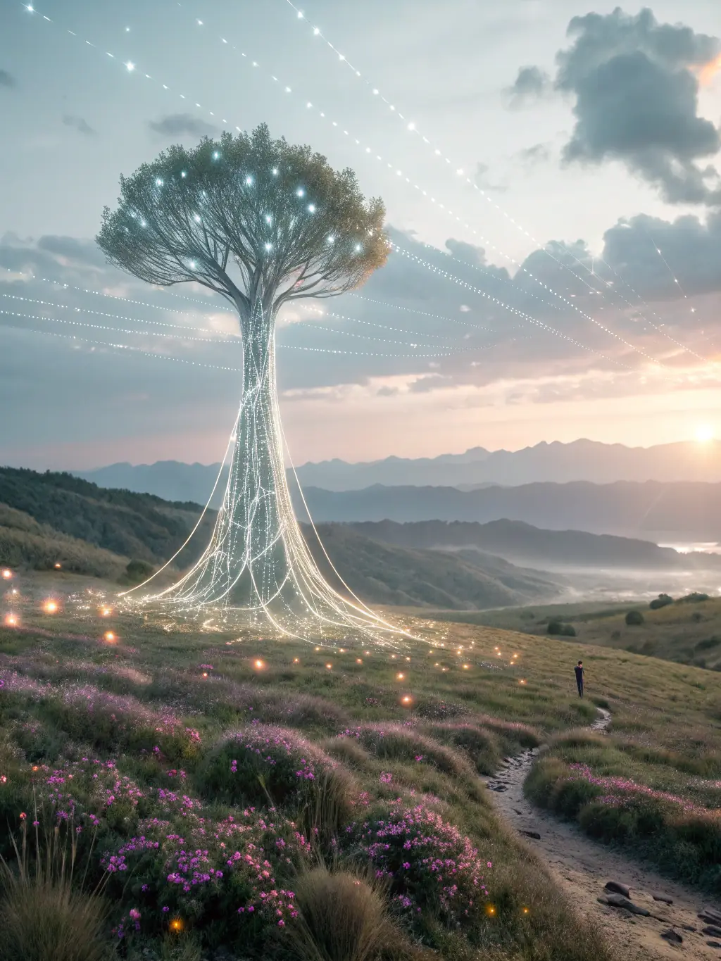 A futuristic graphic of interconnected AI nodes, representing a network of intelligent automation solutions working together to optimize business processes.