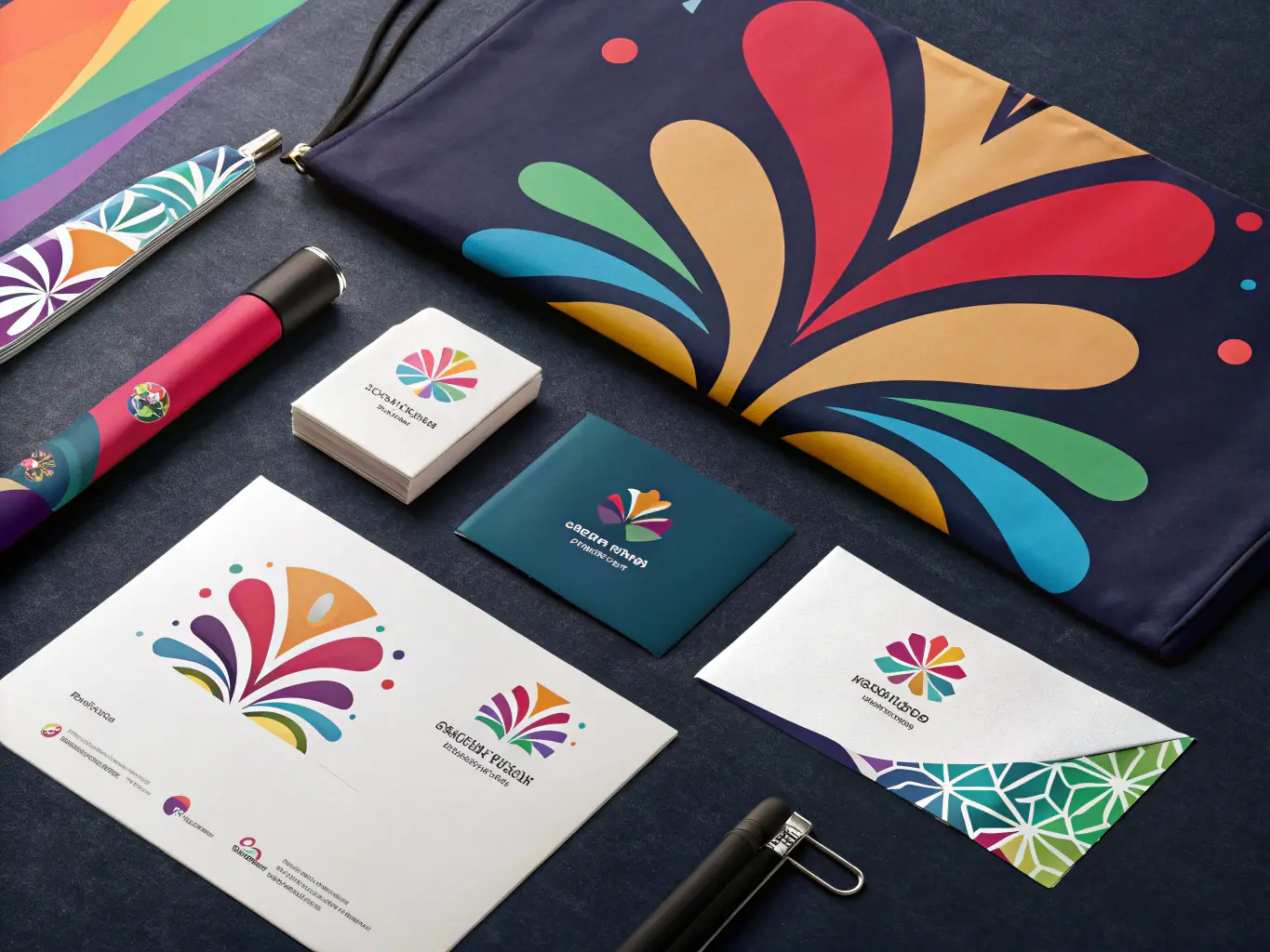 A vibrant and creative graphic design showcasing various branding elements, such as logos, color palettes, and typography, to represent a cohesive brand identity.