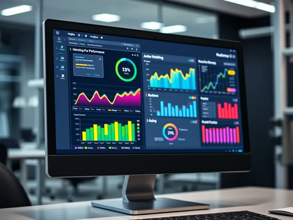 A sleek laptop displaying a modern website with digital marketing analytics on the screen, set against a vibrant digital blue background.