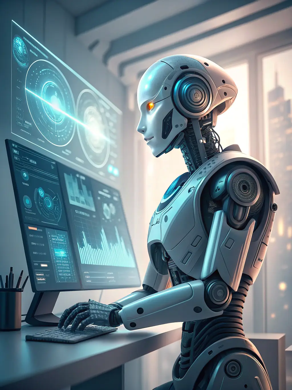 A digital illustration of a robotic arm interacting with data streams, symbolizing AI automation in a business setting for Pug Digital.