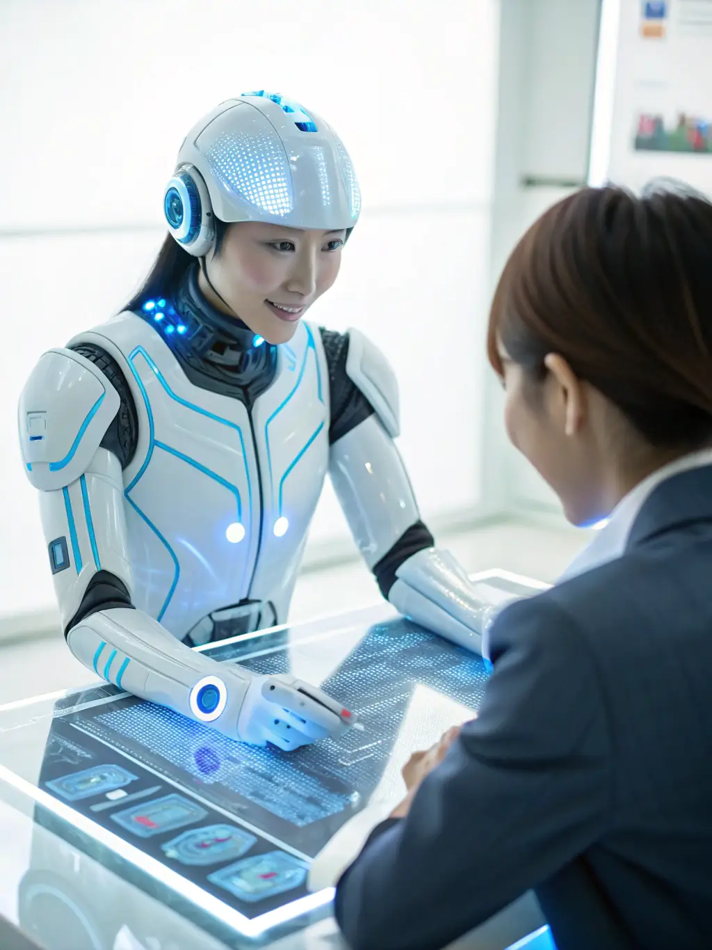 A digital illustration of an AI agent assisting a customer, set against a futuristic, tech-inspired background, symbolizing AI-driven customer support.