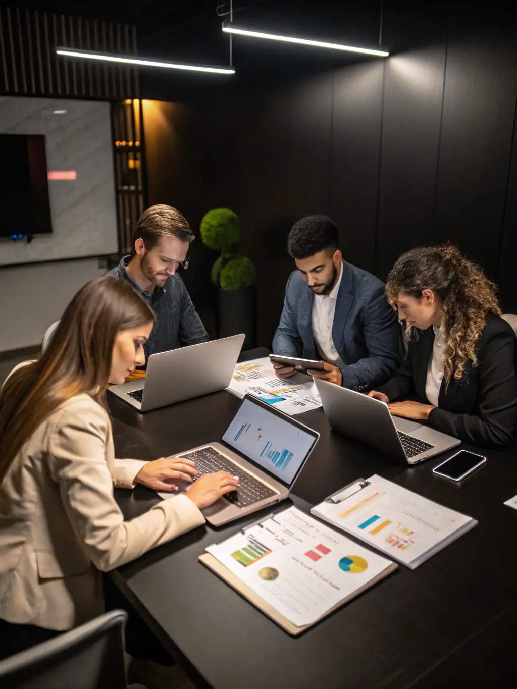 A professional team collaborating on a digital marketing strategy in a modern office setting, emphasizing teamwork and expertise.