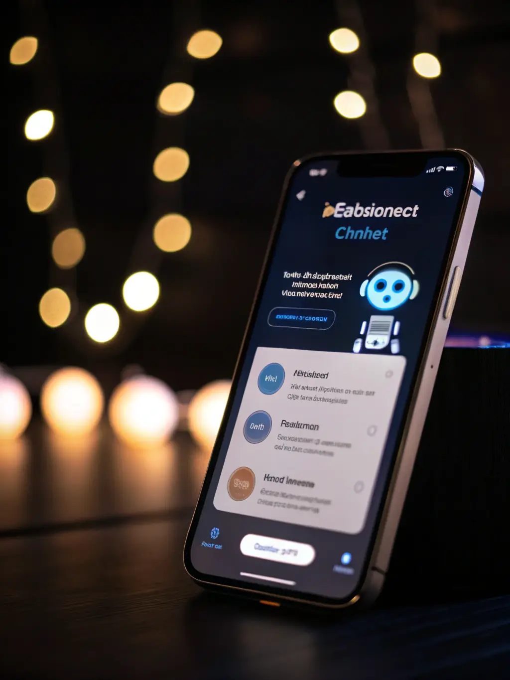 A sleek chatbot interface on a mobile device, interacting with a user, with data analytics displayed in the background, representing improved efficiency.