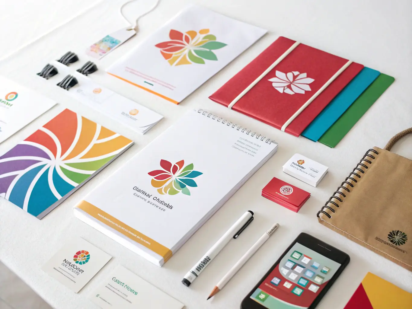 A collection of vibrant branding materials, including logos, banners, and social media graphics, on a clean white background.