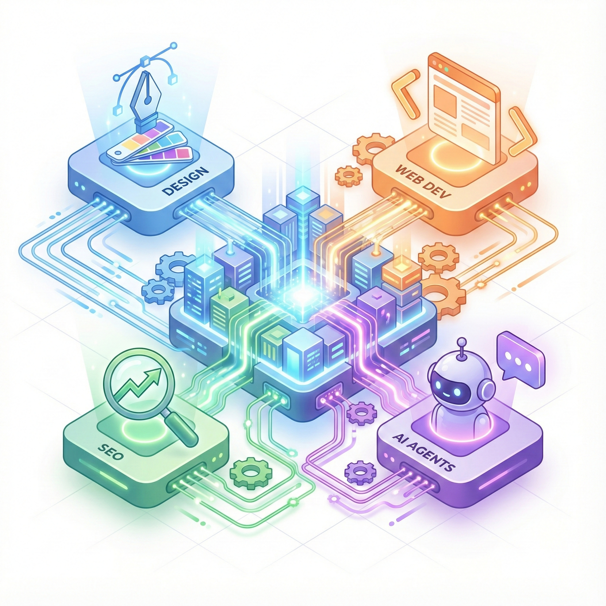 Infographic illustrating Webmunafa Digital Solutions' integrated service model, connecting Graphic Design with Web Development, SEO, and AI Agents for business growth.